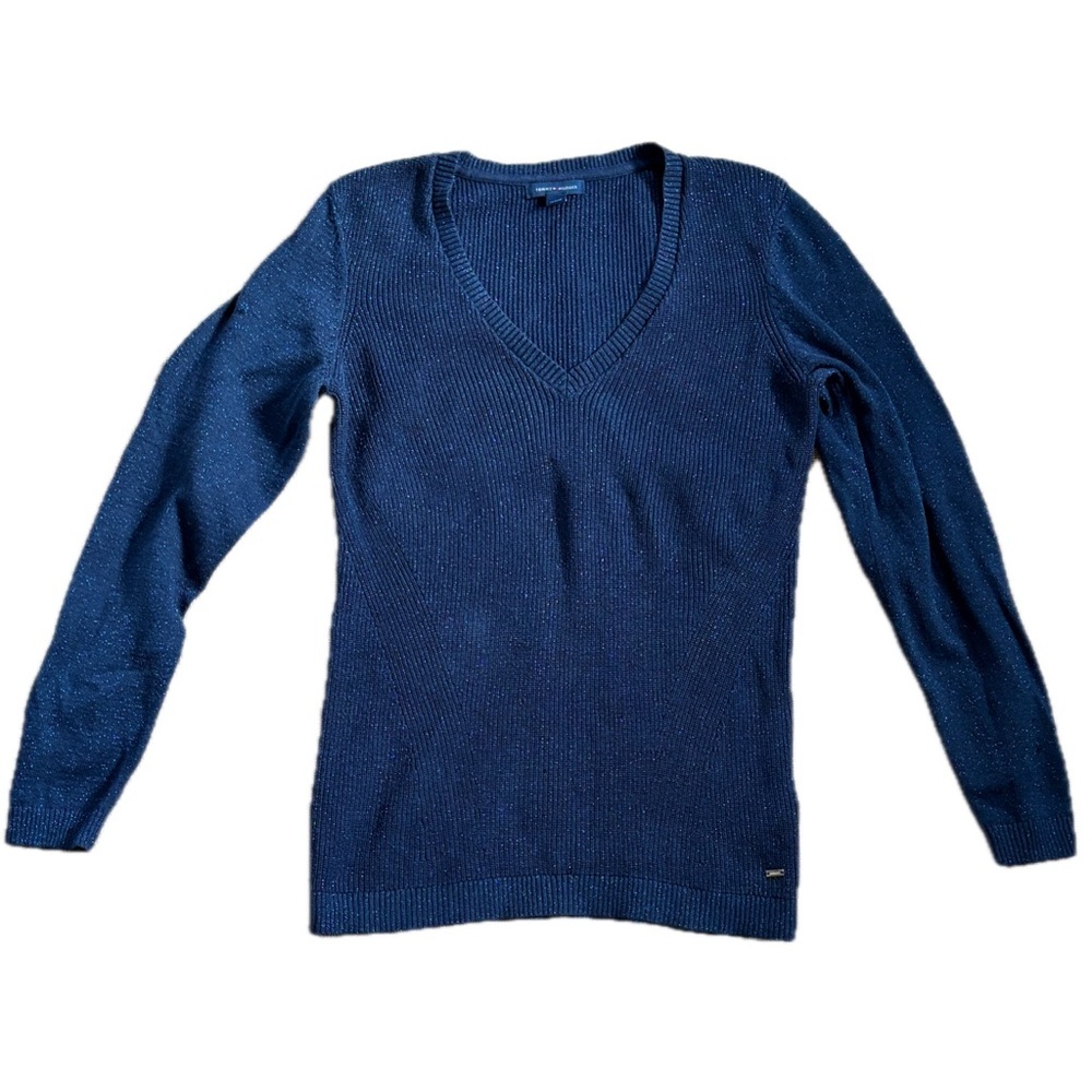 Tommy Hilfiger Navy Blue Metallic Sparkle Ribbed Sweater Top Size Medium Preppy